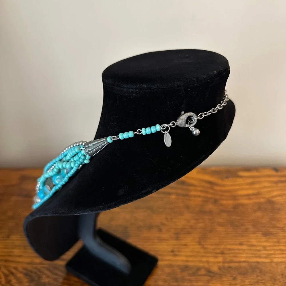 Chicos Multi Strand Turquoise Bead Statement Necklace Silver Tone Southwestern